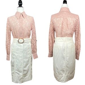 Zara Women’s White Cotton Linen Belted Pleated Midi Skirt with Pockets + Slit S